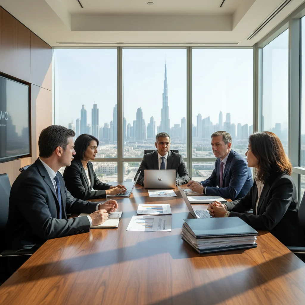 A photorealistic image depicting a professional business meeting in a modern corporate office in the UAE, symbolizing corporate oversight and governance, with diverse adult professionals discussing strategies around a conference table, UAE skyline visible through the window, no children present.