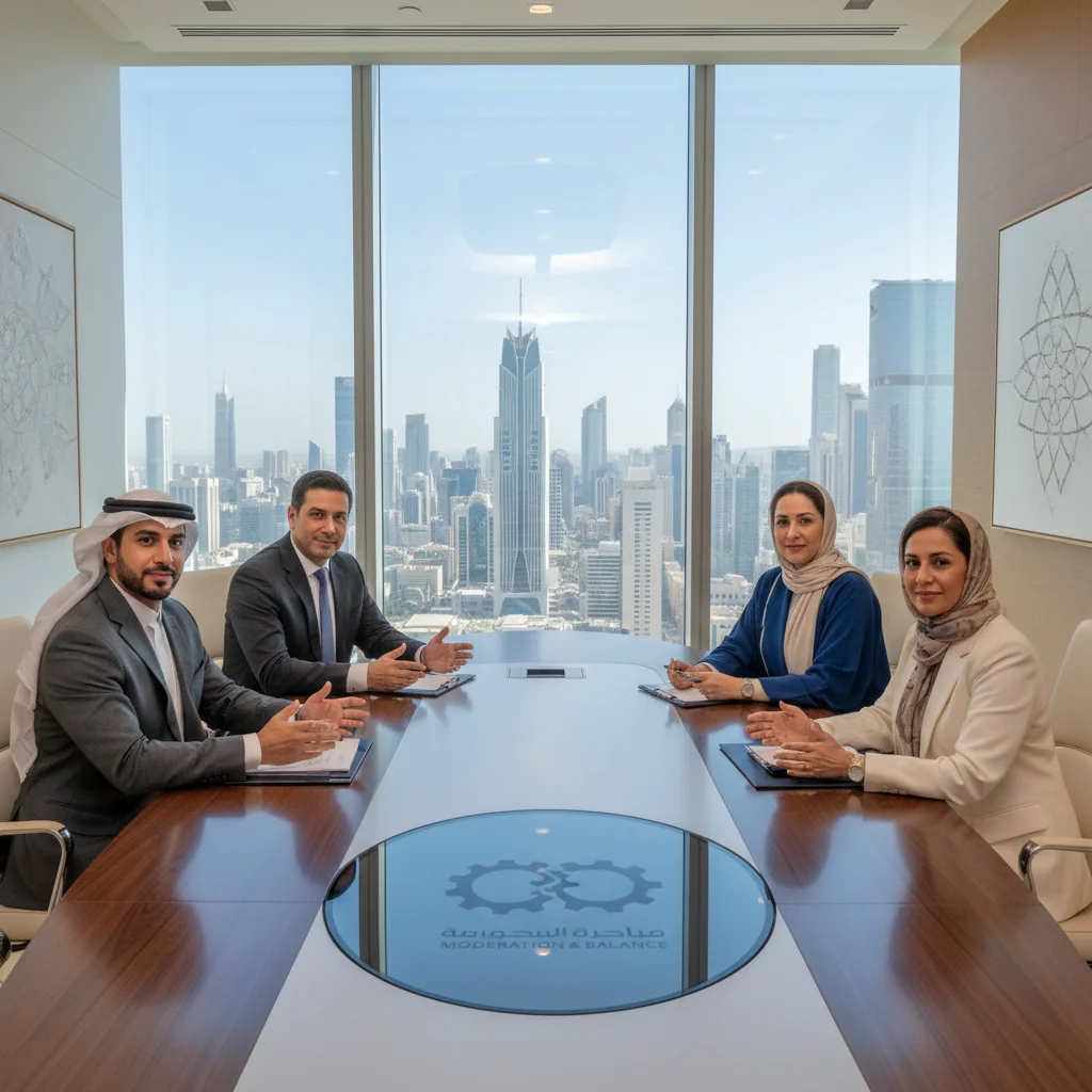A photorealistic image representing moderation policy in Saudi Arabian corporate culture, showing a diverse group of professional adults in a modern Riyadh office, engaged in a balanced and harmonious business discussion around a conference table, with subtle Saudi cultural elements like traditional attire blended with business suits, no children present.