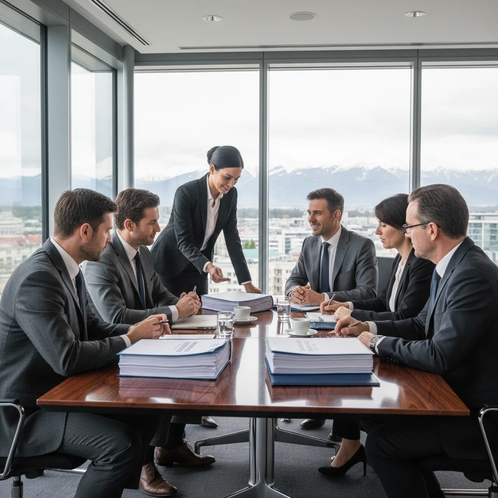 A photorealistic image of a professional business meeting in a modern Austrian corporate office, with adults discussing guidelines over documents on a table, evoking trust and compliance in corporate document moderation, no children present.