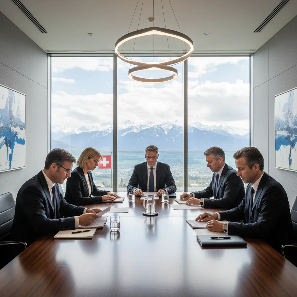 A photorealistic image of a professional business meeting in a modern Swiss corporate office, featuring adults in suits discussing documents around a conference table, with Swiss Alps visible through the window, symbolizing compliance and moderation guidelines in corporate settings.