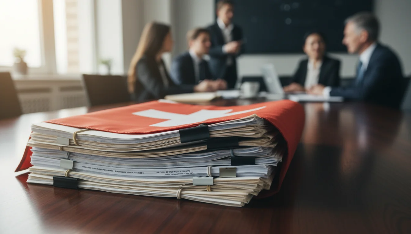 Swiss flag with legal papers