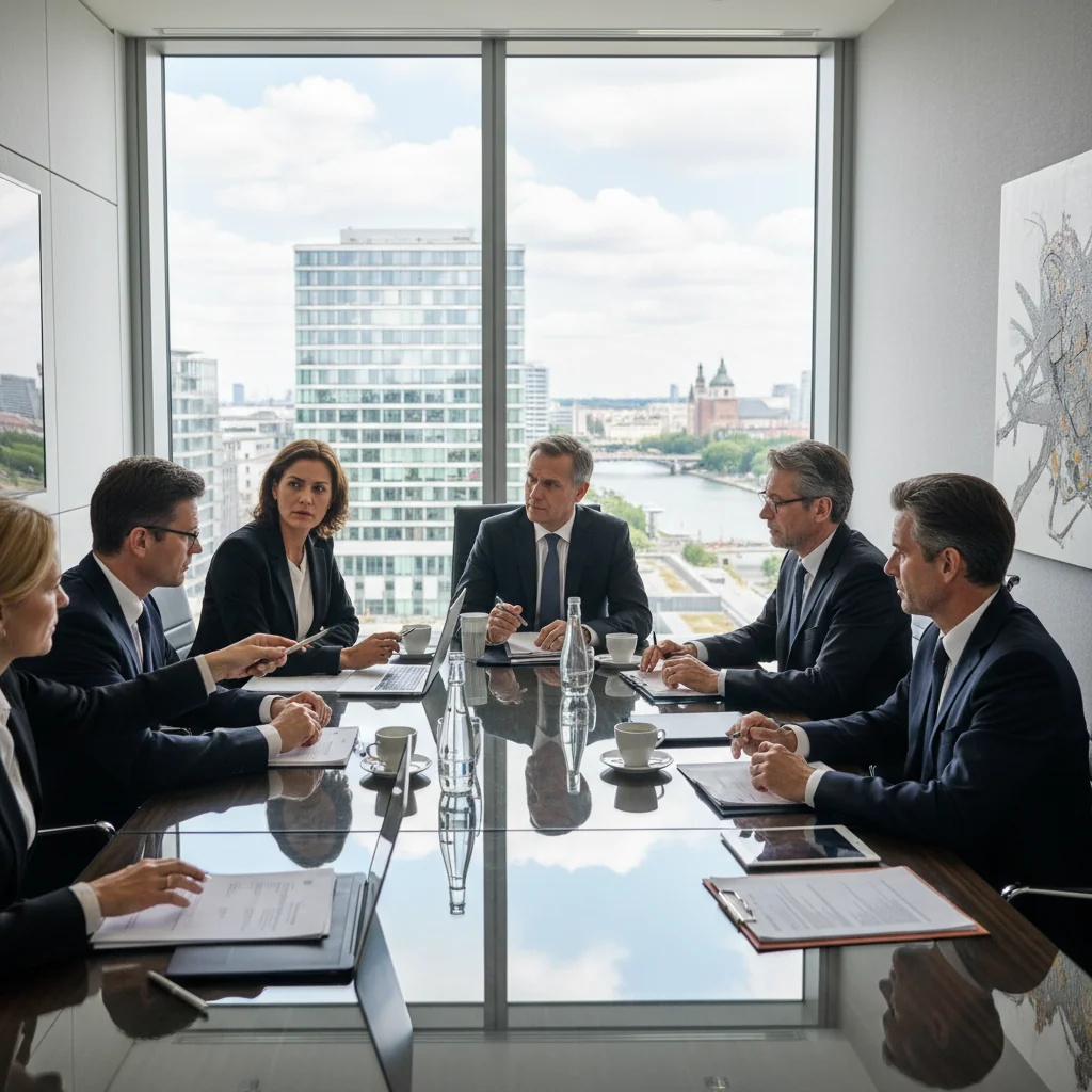 A photorealistic image of a professional business meeting in a modern German corporate office, with adults in business attire discussing compliance and moderation policies around a conference table, evoking trust and regulatory adherence in corporate documentation.