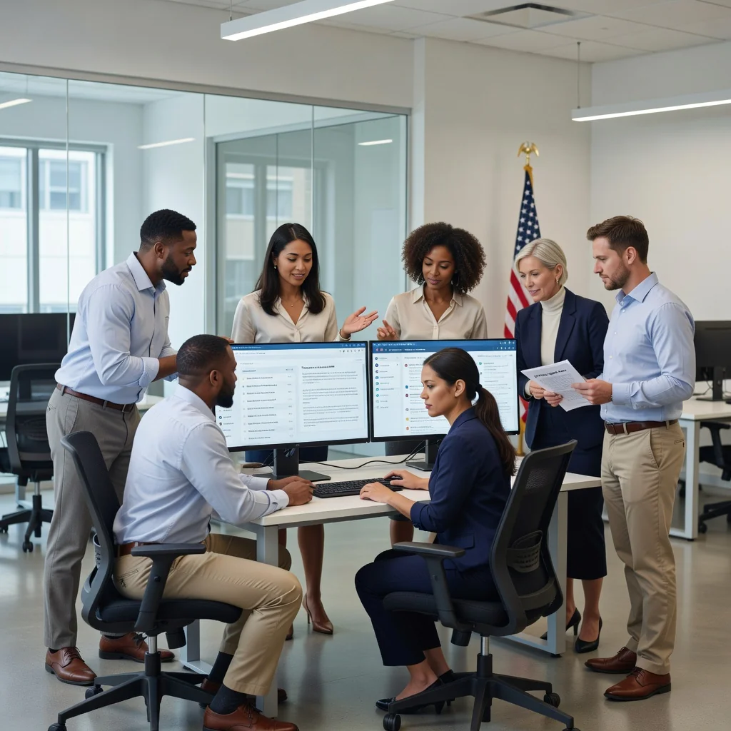 A photorealistic image representing content moderation in a corporate setting in the United States, showing a diverse team of professional adults in a modern office reviewing digital content on computers, ensuring compliance with policies, with American flag elements in the background to evoke national context, no children present.