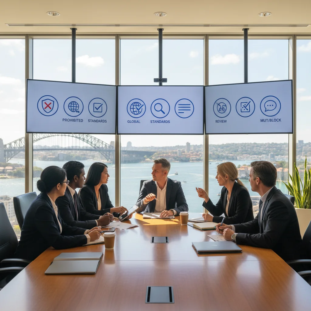 A photorealistic image of a diverse group of professional adults in a modern Australian corporate office setting, engaged in a collaborative discussion about content moderation policies. They are reviewing guidelines on computers and whiteboards, symbolizing ethical oversight and digital responsibility in a business environment. No children are present. The scene captures a professional, trustworthy atmosphere with elements like Australian flags or Sydney skyline in the background for localization.