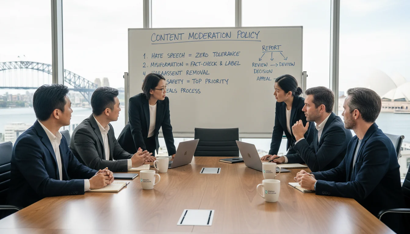 Team discussing content moderation guidelines