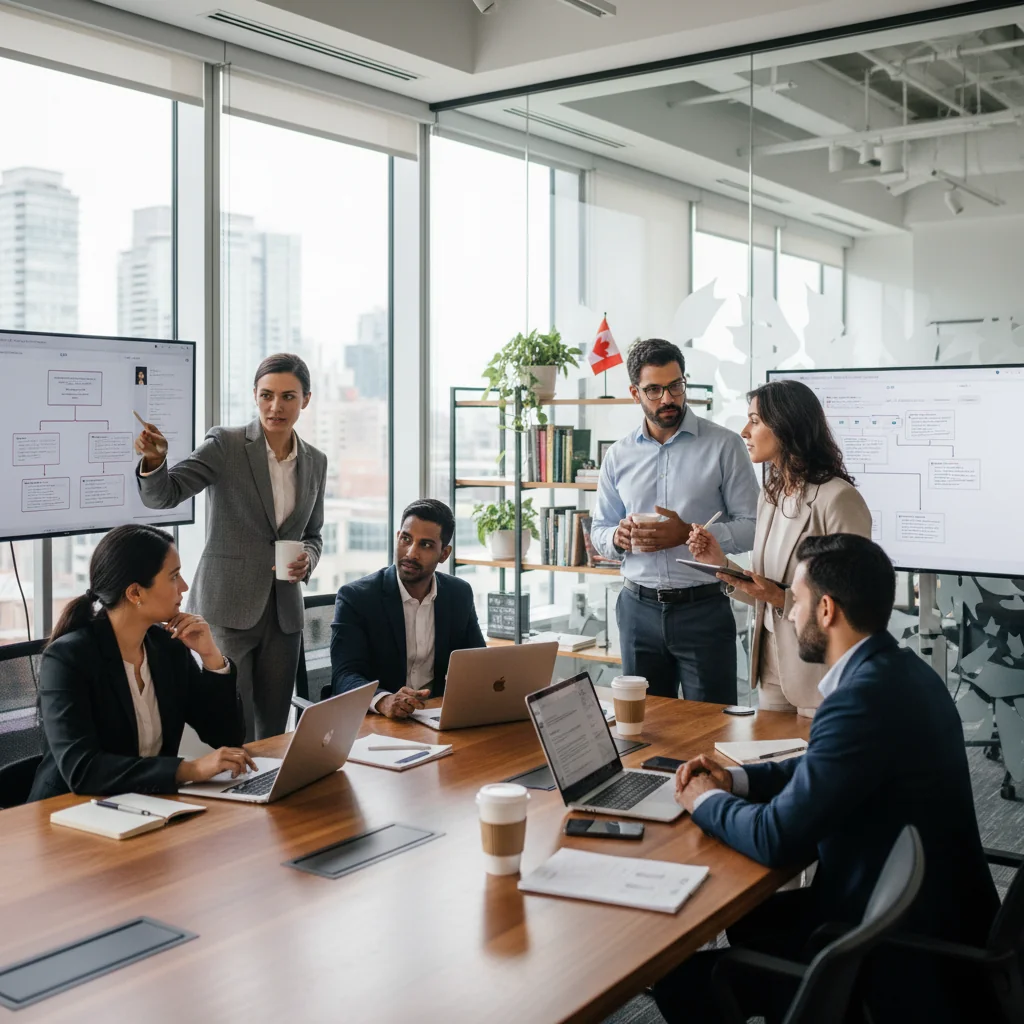 A photorealistic image of a diverse group of professional adults in a modern Canadian corporate office setting, engaged in a collaborative discussion about content moderation policies. They are reviewing guidelines on laptops and tablets, with subtle Canadian elements like a maple leaf in the background, emphasizing ethical and responsible content management in a business environment. No children are present.