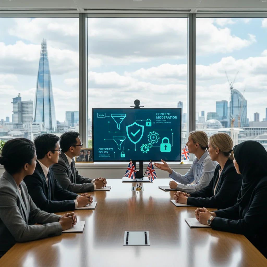 A photorealistic image depicting a diverse group of professional adults in a modern UK corporate office setting, engaged in a collaborative meeting discussing content moderation policies, symbolizing the importance of regulatory guidelines in business without showing any documents.