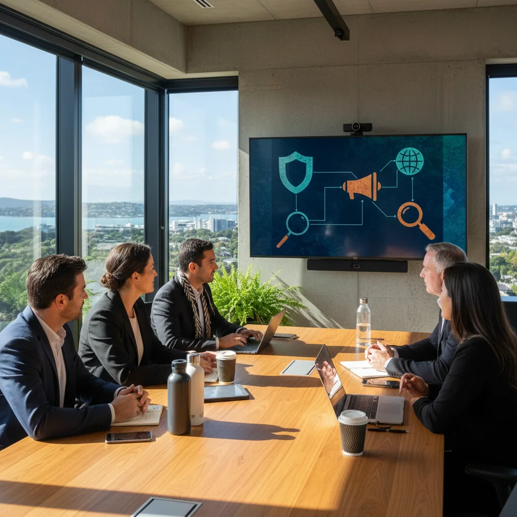 A photorealistic image of a diverse group of professionals in a modern New Zealand office setting, engaged in a collaborative discussion about content moderation policies. They are adults reviewing guidelines on a digital screen, symbolizing ethical oversight and corporate responsibility in content management. The scene captures the purpose of content moderation policies without focusing on documents themselves. No children are present.
