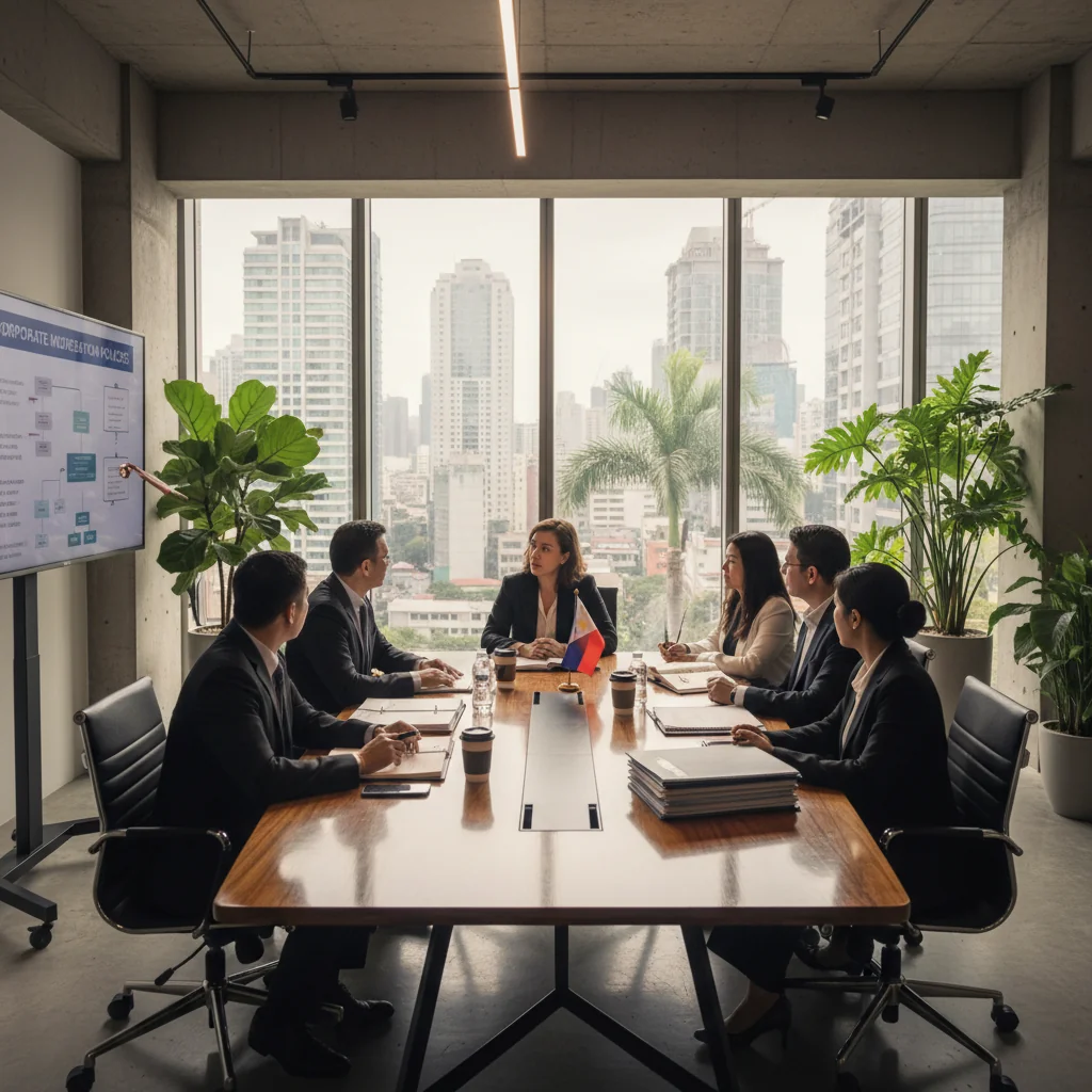 A photorealistic image of a diverse group of professional adults in a modern Philippine corporate office setting, engaged in a collaborative meeting discussing policies, with elements like a whiteboard showing abstract guidelines and a Philippine flag in the background, conveying trust, compliance, and corporate governance.