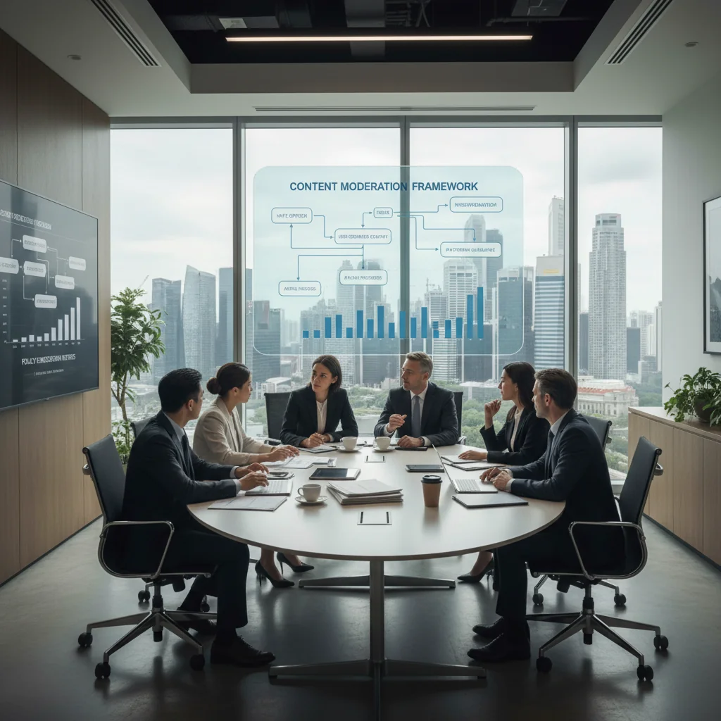A professional corporate office environment in Singapore, featuring a diverse team of adults engaged in a collaborative meeting, reviewing guidelines on a digital screen, with modern skyscrapers visible through the window, symbolizing content moderation policies in a business setting.