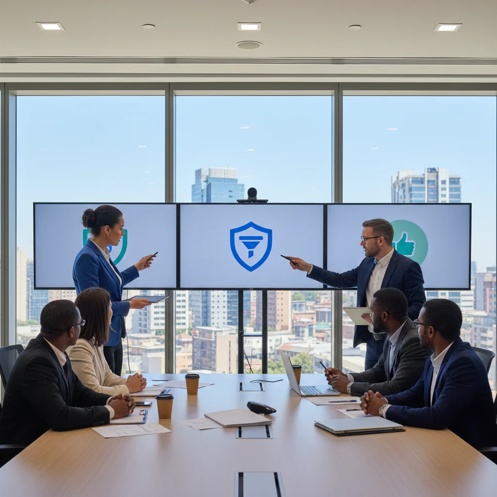A photorealistic image of a diverse group of professional adults in a modern South African corporate office, engaged in a serious discussion about content moderation policies. They are reviewing guidelines on laptops and tablets, with subtle South African elements like a flag or skyline in the background, emphasizing ethical oversight and compliance in a business setting. No children are present.