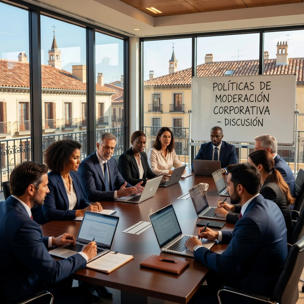 A professional corporate meeting in a modern Spanish office, with diverse adult business professionals discussing moderation policies around a conference table, evoking trust and compliance in corporate governance.