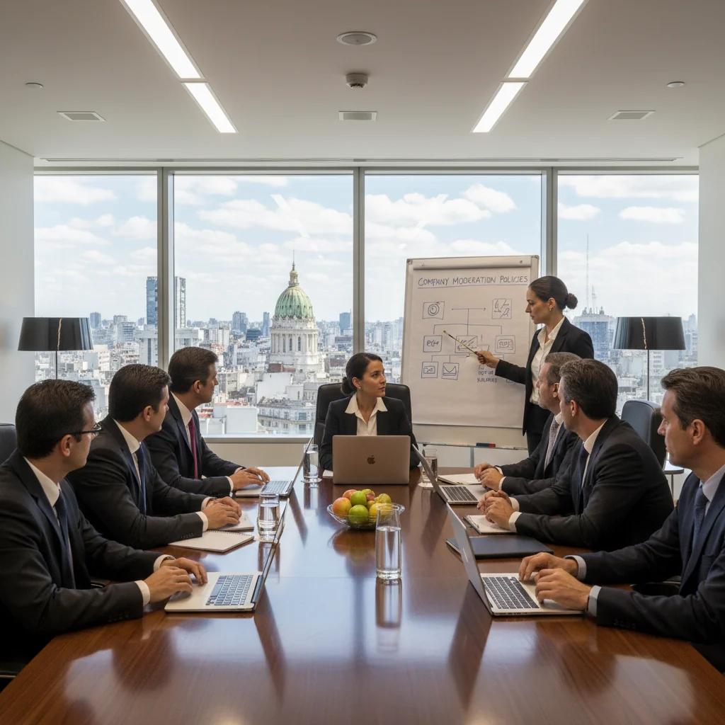 A photorealistic image of a professional business meeting in a modern Argentine corporate office, with diverse adult executives discussing moderation policies around a conference table, evoking themes of corporate governance and ethical standards in Argentina. No children are present.