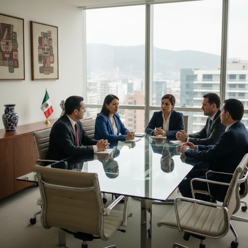 A photorealistic image of a diverse group of professional adults in a modern Mexican corporate office, engaged in a serious discussion around a conference table, symbolizing corporate moderation policies and governance in a business setting. The atmosphere is professional and collaborative, with elements like Mexican cultural touches such as flags or artwork in the background, but no documents or text visible. No children are present.