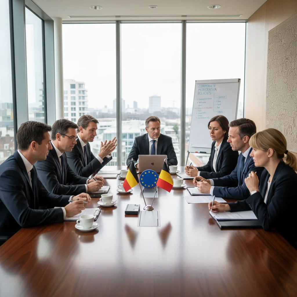 A professional corporate meeting in a modern Belgian office, with businesspeople discussing moderation policies around a conference table, evoking trust and compliance in corporate governance, photorealistic style.