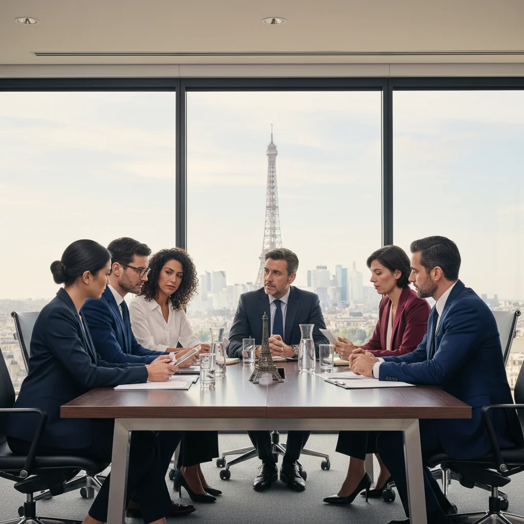 A professional corporate office setting in France, featuring a diverse group of adult business professionals in a modern conference room, discussing moderation policies around a table with French flags and Eiffel Tower view in the background, symbolizing corporate governance and compliance.