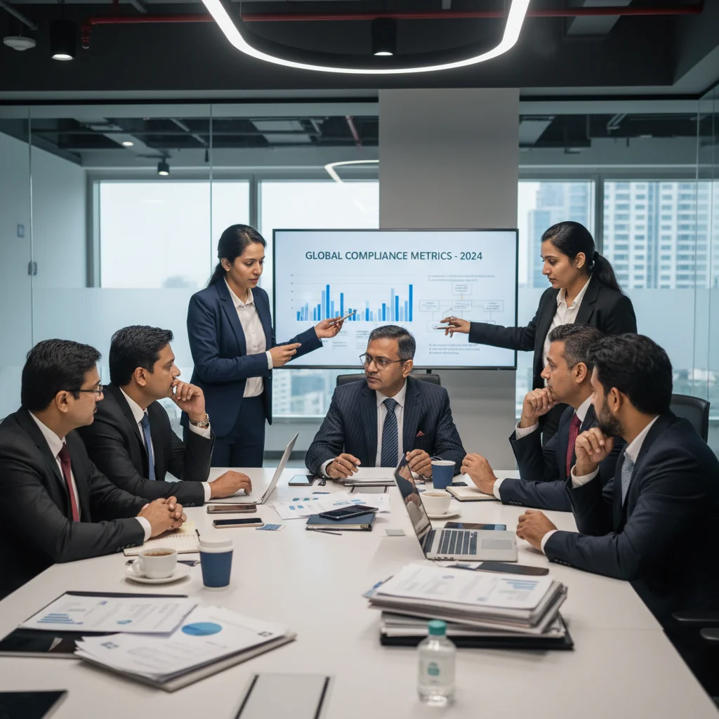 A photorealistic image of a professional business meeting in a modern Indian corporate office, with diverse adult Indian professionals discussing policies around a conference table, symbolizing corporate document moderation and compliance in India. No children present.