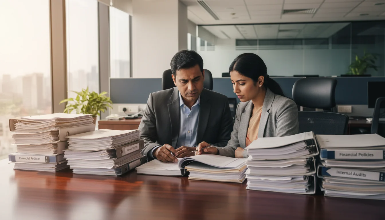 Indian office workers reviewing corporate documents