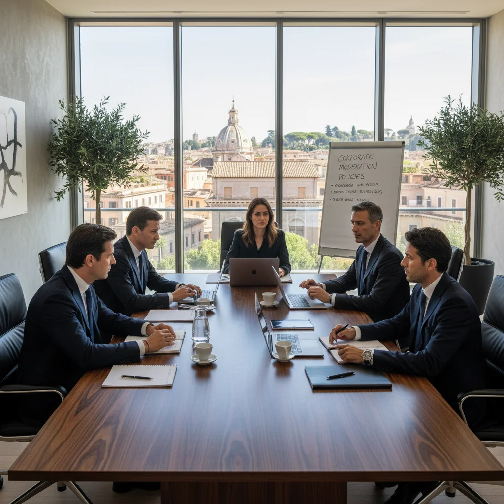 A photorealistic image of a professional business meeting in a modern Italian office, with diverse adults discussing corporate policies around a conference table, evoking themes of moderation and governance in corporate documents, no children present.