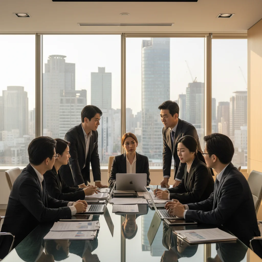 A photorealistic image of a professional business meeting in a modern South Korean corporate office, with adults in business attire discussing policies around a conference table, overlooking a cityscape of Seoul, symbolizing content management and corporate document handling in a professional environment.