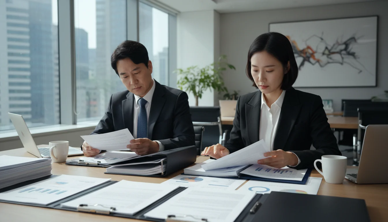Korean office workers reviewing documents