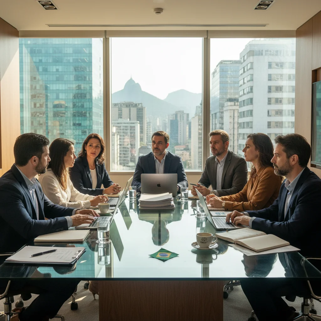 A photorealistic image of a diverse group of professional adults in a modern Brazilian corporate office, engaged in a serious discussion about content moderation policies, with Brazilian flags or cultural elements subtly in the background, conveying trust, compliance, and ethical governance in a business setting.