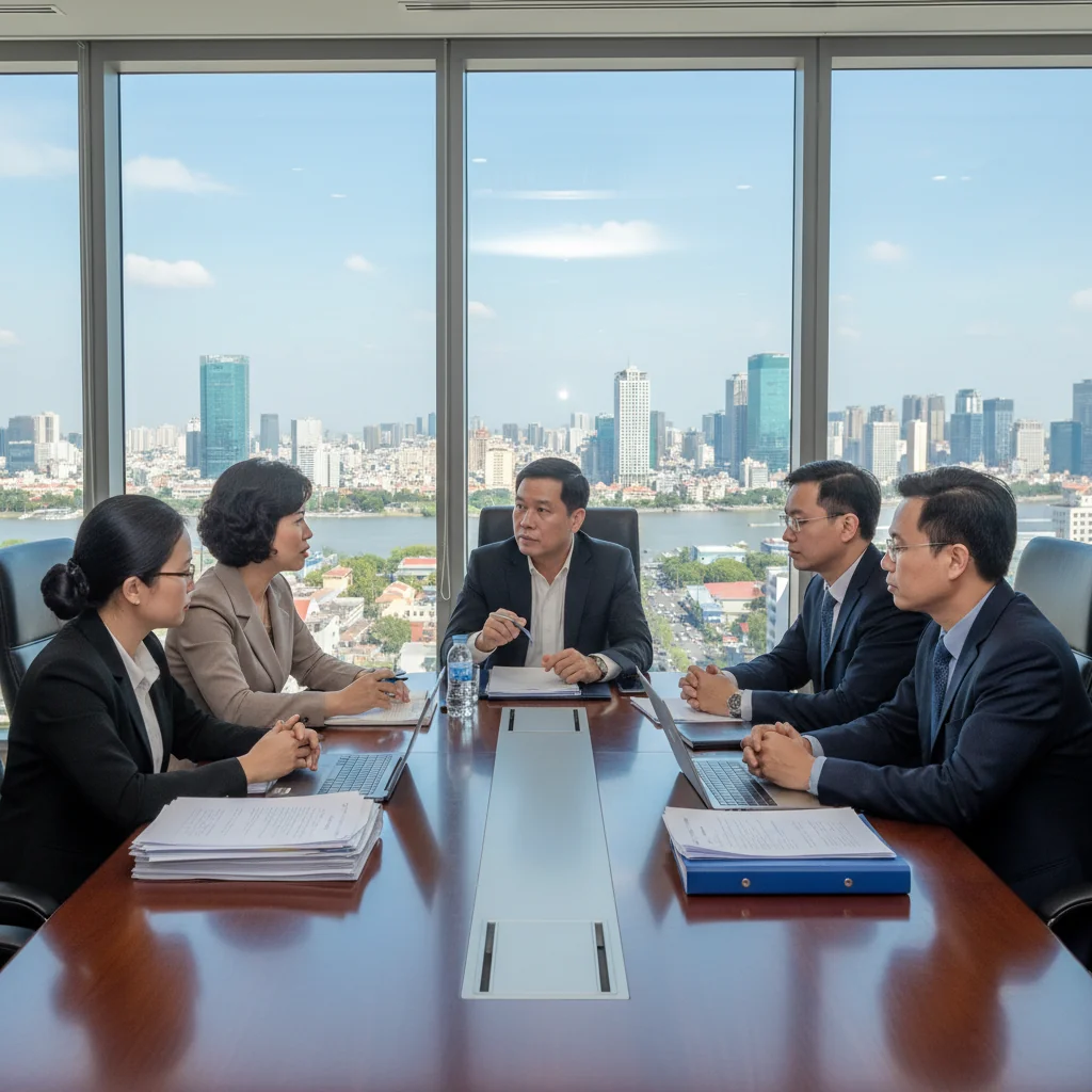 A photorealistic image of a professional business meeting in a modern Vietnamese corporate office, with adults in business attire discussing policies around a conference table, overlooking a cityscape of Hanoi or Ho Chi Minh City, symbolizing corporate document review and compliance in Vietnam.