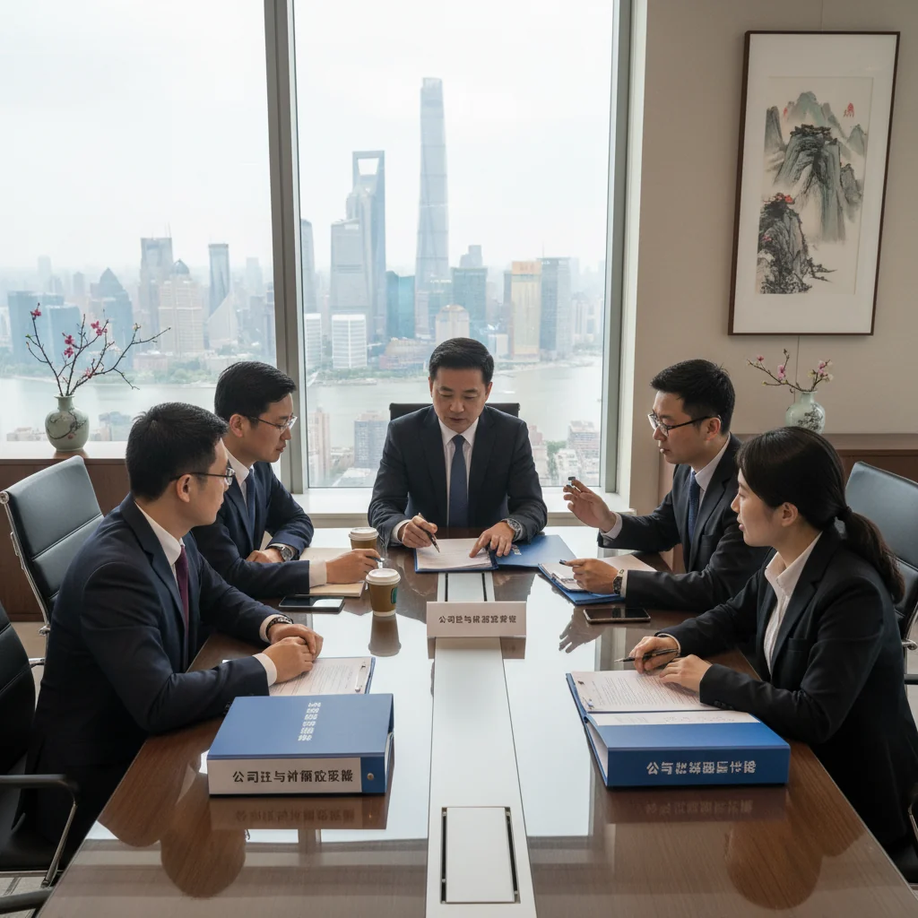 A photorealistic image of a professional business meeting in a modern Chinese corporate office, with diverse adult professionals reviewing documents on a conference table, symbolizing corporate compliance and policy adherence in China, no children present.