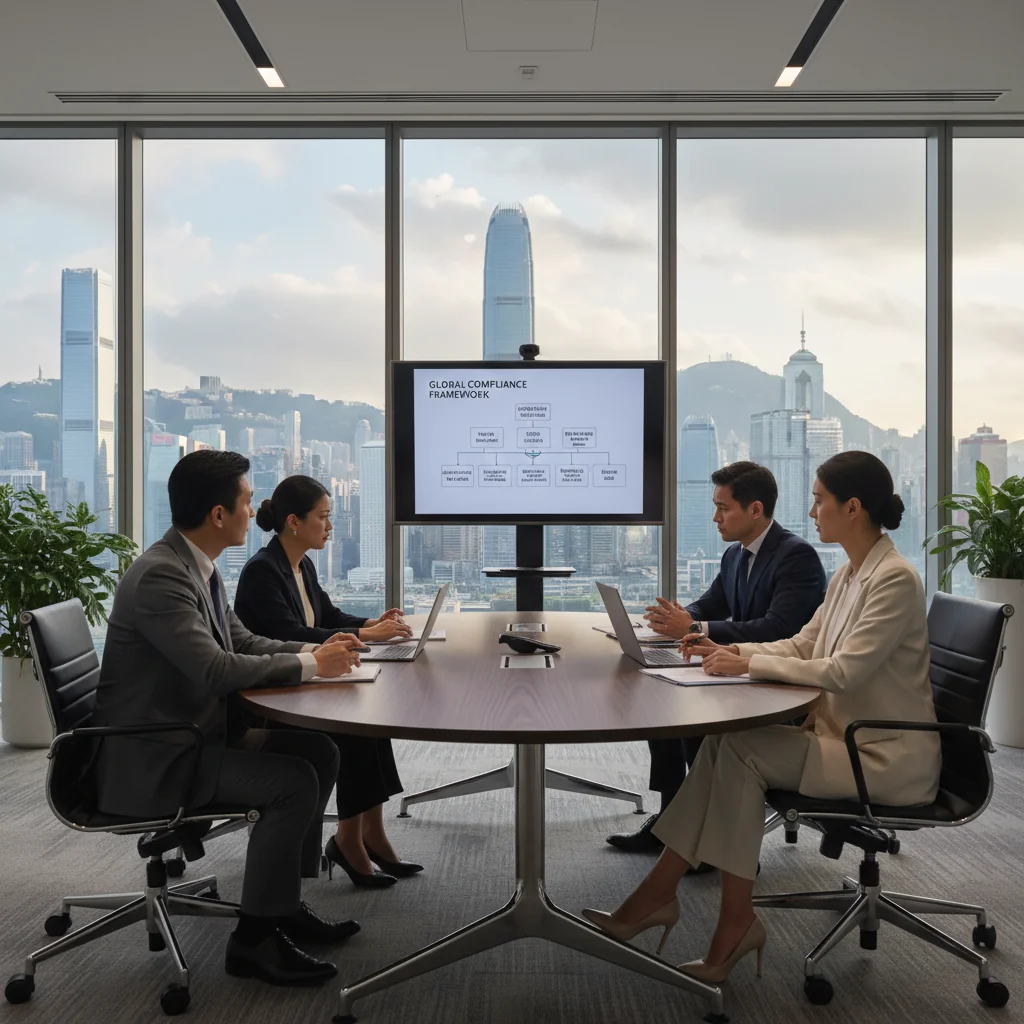A photorealistic image of a professional business meeting in a modern Hong Kong office, with diverse adult professionals reviewing corporate documents around a conference table, symbolizing compliance and policy adherence in business operations.