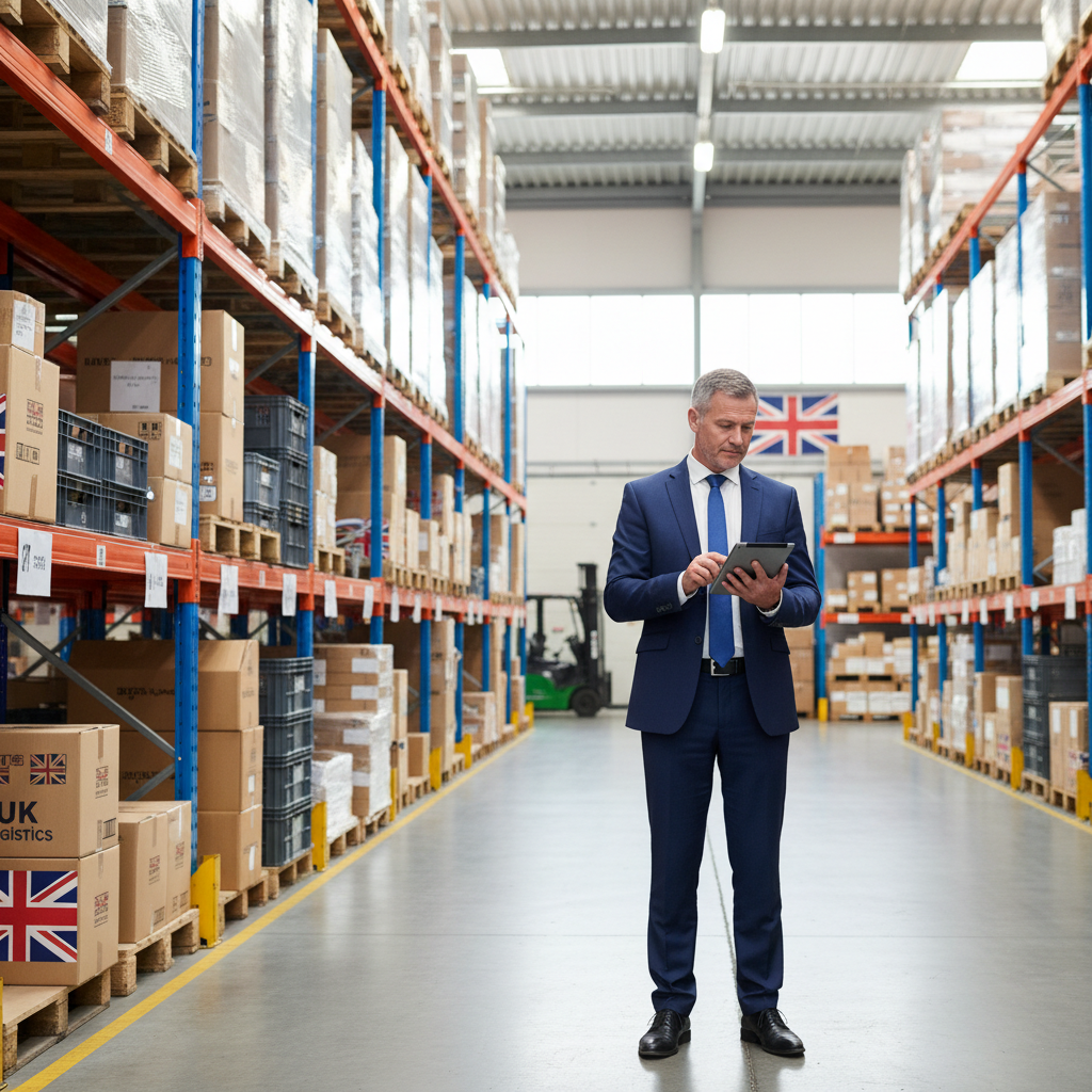 A professional warehouse manager in a modern UK inventory storage facility, reviewing stock levels on a tablet while surrounded by neatly organized shelves of goods, symbolizing compliance and organization in inventory reporting.