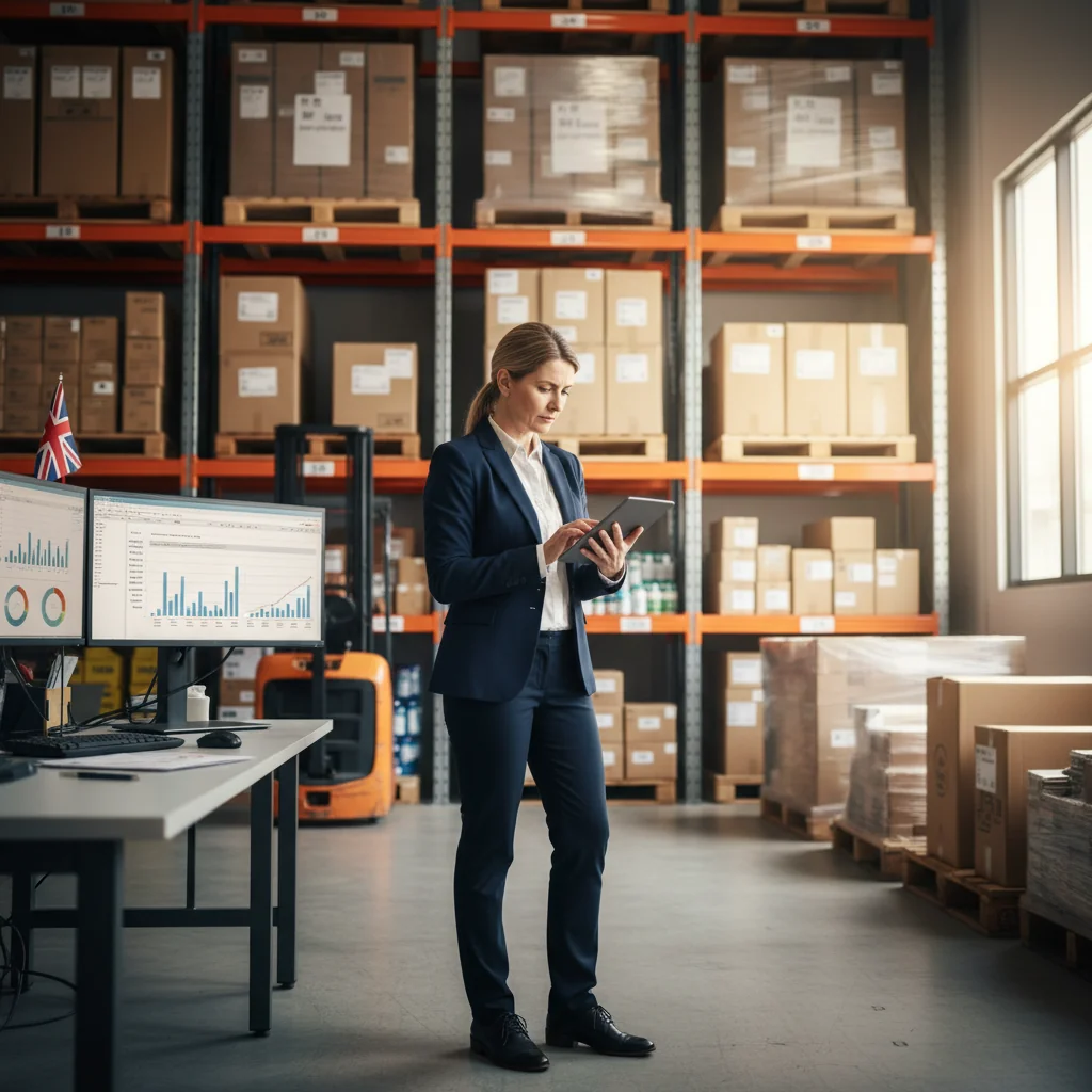 A photorealistic image of a professional businessperson in a modern warehouse office, reviewing inventory data on a tablet, surrounded by neatly organized shelves of products, symbolizing efficient stock management and reporting in the UK business context.