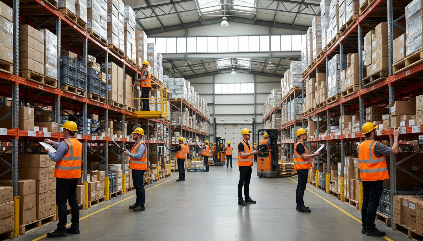 Warehouse workers checking stock levels