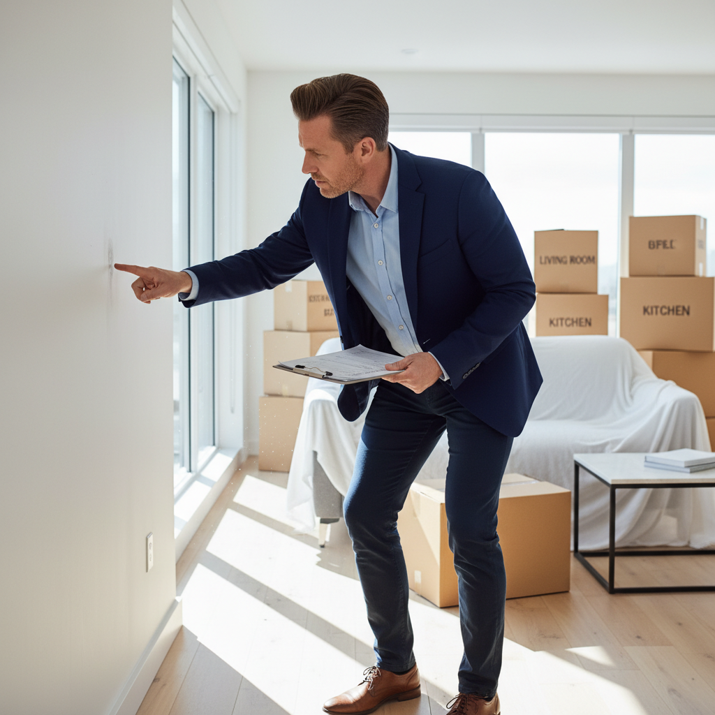 A photorealistic image of an adult person carefully inspecting a modern apartment interior during a move-in or move-out process, checking walls, floors, and appliances for any damage or issues, with moving boxes nearby, conveying attention to detail and avoiding common mistakes.