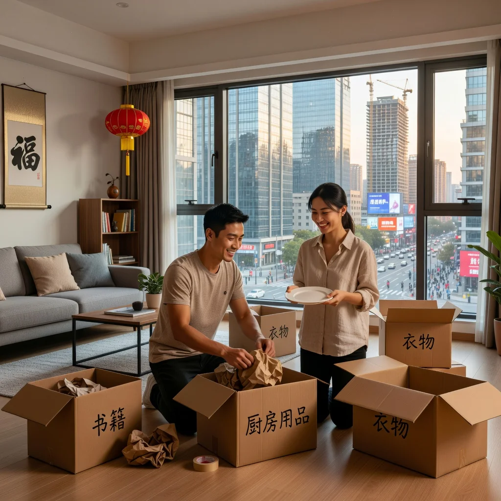 A photorealistic image of a young adult couple happily moving into a modern apartment in China, unpacking boxes in a bright living room with Chinese cityscape visible through the window, symbolizing the excitement of renting a home. No children are present in the scene.