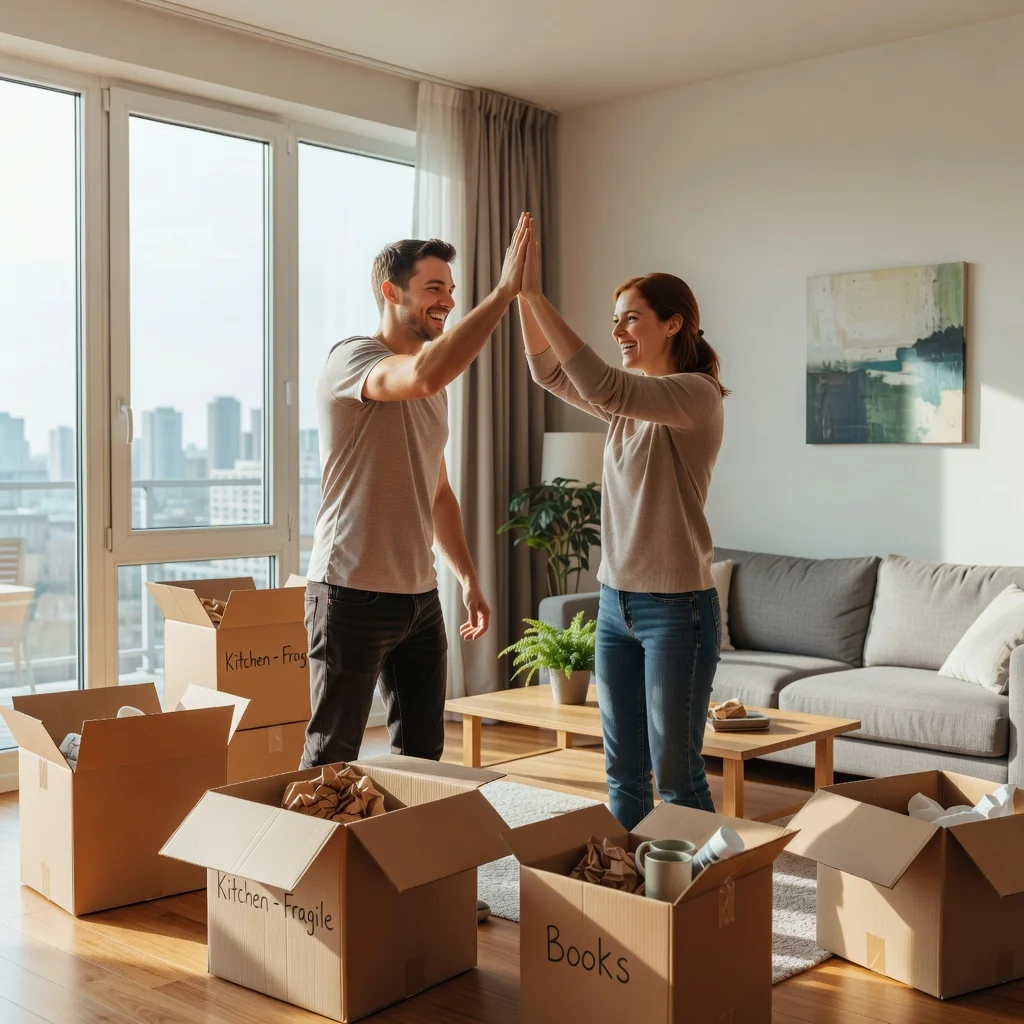 A photorealistic image of a young adult couple happily moving into a modern apartment, unpacking boxes and smiling as they settle into their new home, symbolizing the excitement of starting a rental lease without focusing on any documents.