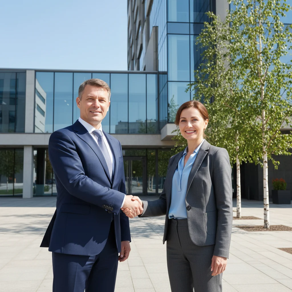 A photorealistic image depicting two professional adults, such as a real estate agent and a tenant, shaking hands in front of a modern office building entrance in Russia, symbolizing the handover of a commercial space. The scene is set during a clear daytime with subtle Russian architectural elements in the background, conveying trust and agreement without any documents visible.