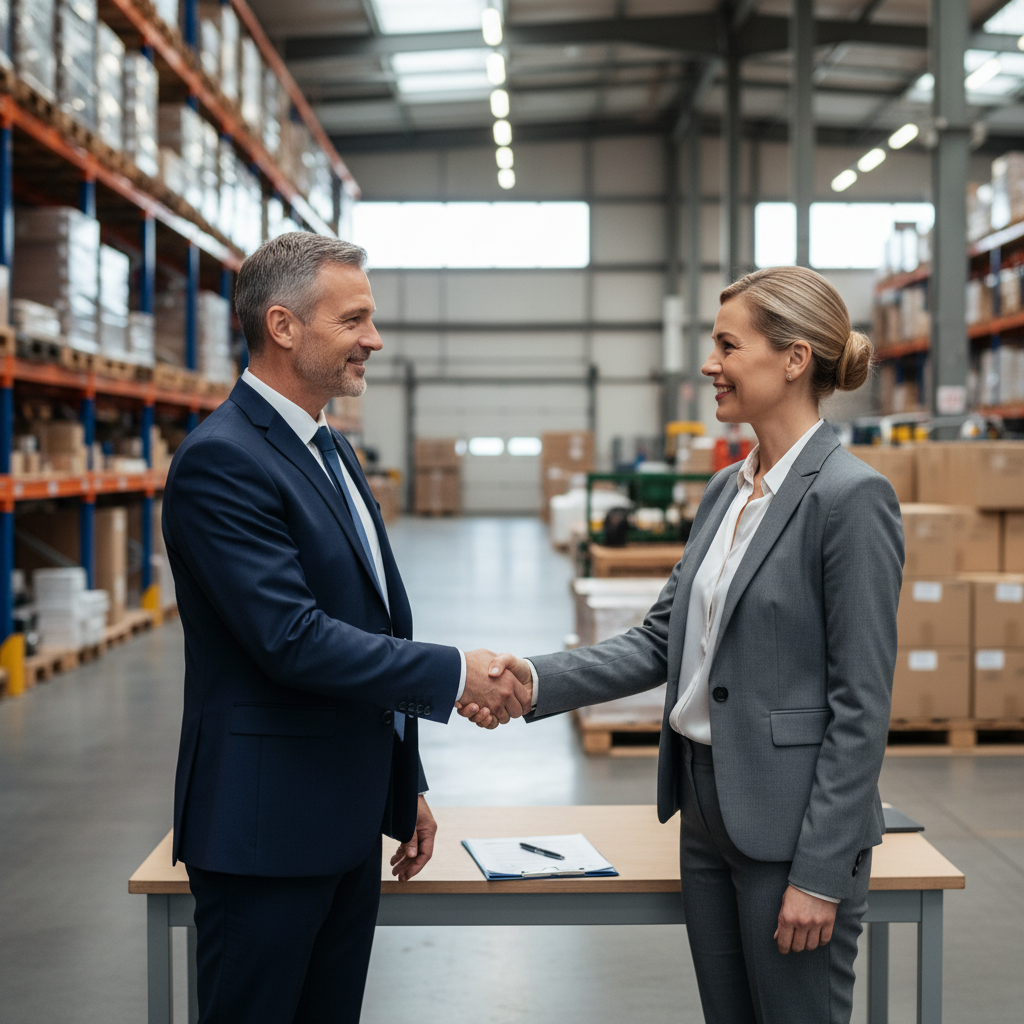 A photorealistic image of two adults in a professional setting, such as a construction site or property handover, shaking hands while reviewing a handover protocol document in the background, symbolizing the legal transfer of responsibilities in Germany. No children are present.