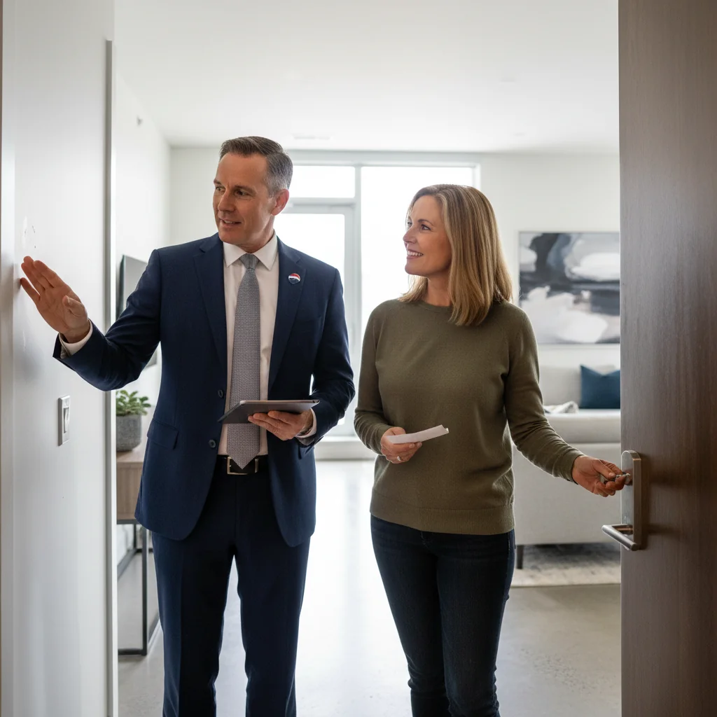 A photorealistic image depicting two adults in a professional setting, such as a real estate agent and a tenant, calmly discussing and resolving a dispute over the condition of a rental property apartment, with subtle background elements like an entryway or door showing signs of minor wear and tear, conveying a sense of negotiation and agreement without any legal documents visible.
