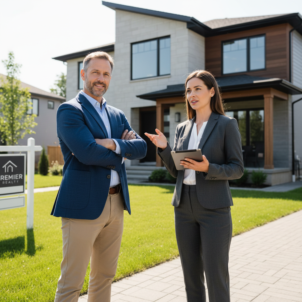 A photorealistic image of a confident adult buyer, a middle-aged man in business casual attire, standing in front of a modern suburban house with a real estate agent, a woman in professional clothing, pointing towards the property during a home inspection, symbolizing the importance of property condition reports in real estate transactions. The scene is set on a sunny day with the house's exterior visible, conveying trust and due diligence in buying real estate.