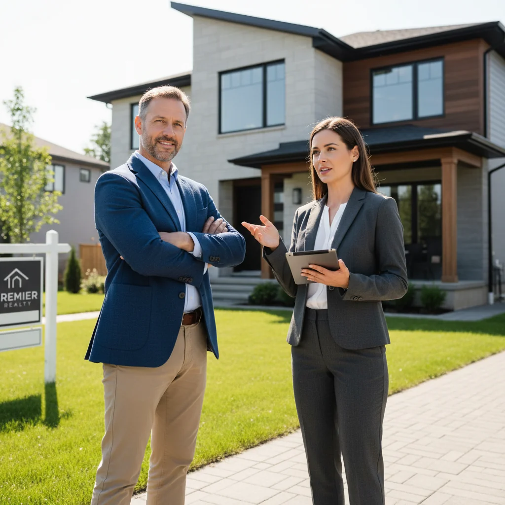 A photorealistic image of a confident adult buyer, a middle-aged man in business casual attire, standing in front of a modern suburban house with a real estate agent, a woman in professional clothing, pointing towards the property during a home inspection, symbolizing the importance of property condition reports in real estate transactions. The scene is set on a sunny day with the house's exterior visible, conveying trust and due diligence in buying real estate.