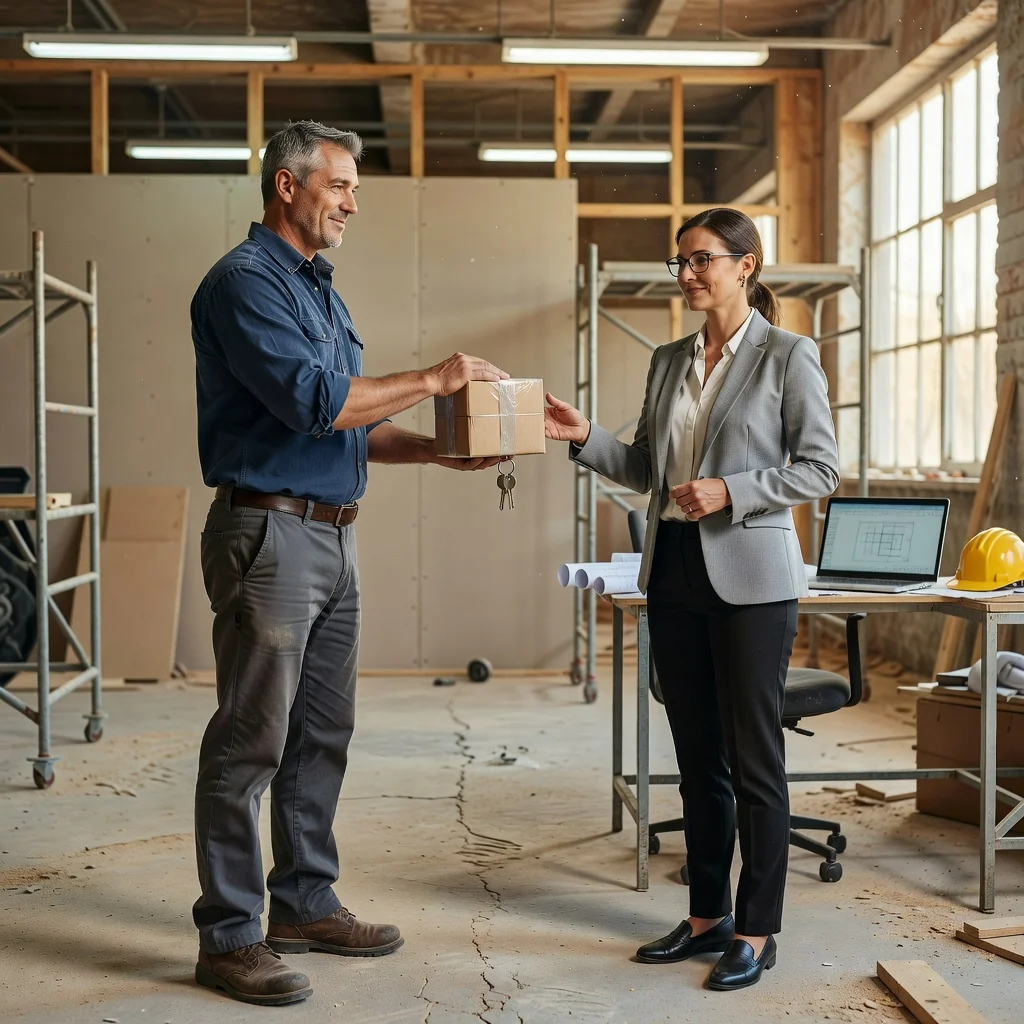 A professional scene depicting the handover of goods or project completion between two adults in a business setting, symbolizing delivery and acceptance without showing any documents.