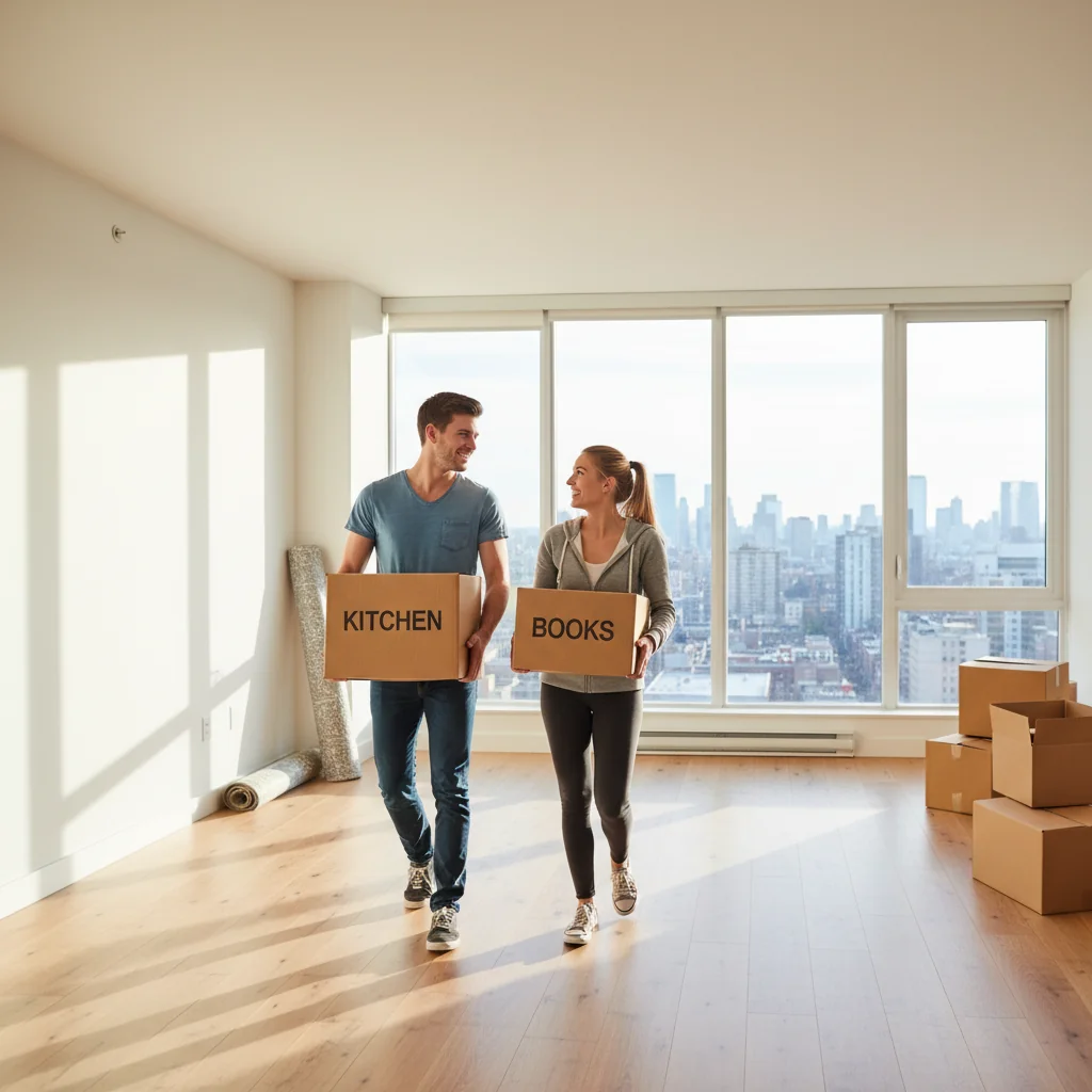 A photorealistic image of a young adult couple happily moving into a modern apartment, carrying boxes and smiling at each other while standing in the doorway, symbolizing the start of tenancy and the importance of initial condition documentation. No children are present in the image.