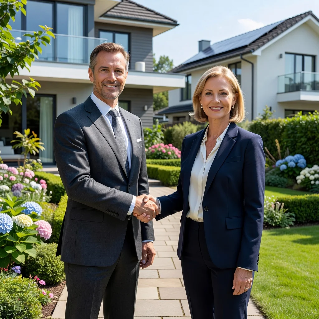 A photorealistic image of two adults, a buyer and a seller, standing in front of a modern house during a sunny day, shaking hands to symbolize the successful handover and acceptance in a real estate purchase. The scene conveys trust, completion, and satisfaction in the property transaction, without any legal documents visible.