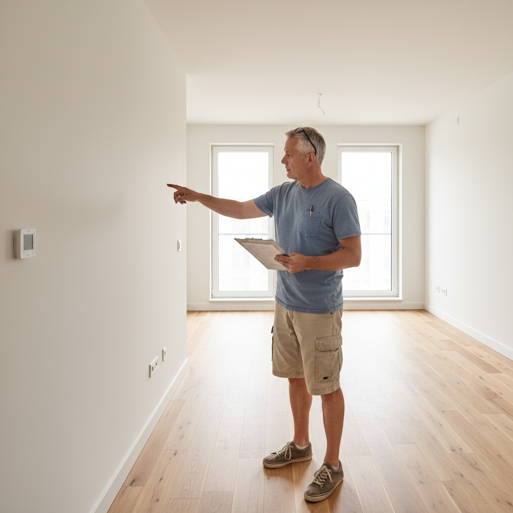 A photorealistic image of an adult tenant conducting a move-in inspection in a modern apartment, carefully examining the empty living room with a checklist in hand, symbolizing the preparation for a move-in move-out condition report.