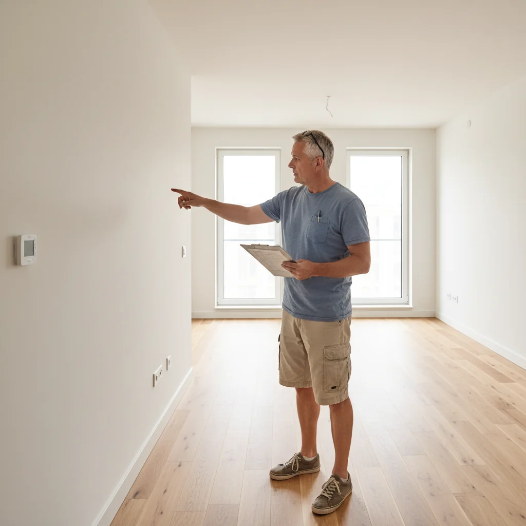 A photorealistic image of an adult tenant conducting a move-in inspection in a modern apartment, carefully examining the empty living room with a checklist in hand, symbolizing the preparation for a move-in move-out condition report.