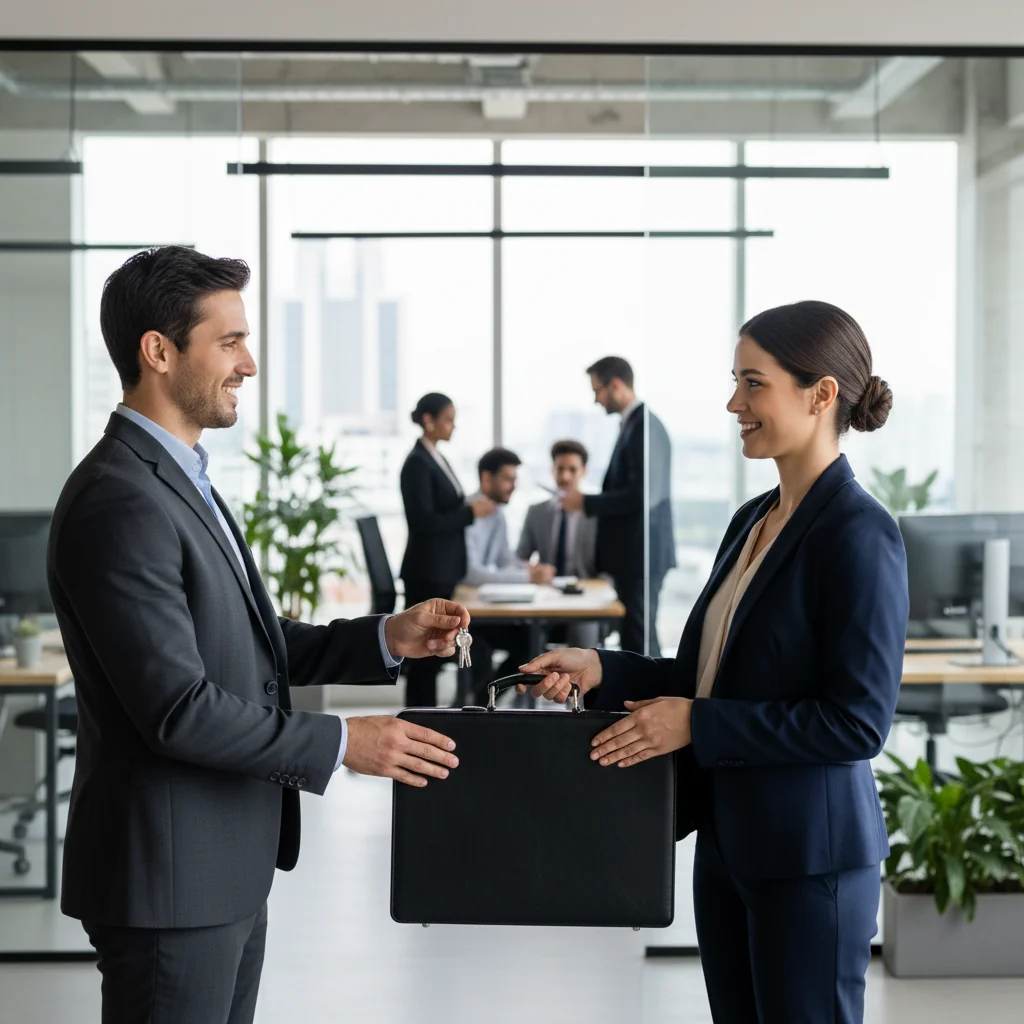 A professional handover scene in a modern office environment, showing two adults in business attire: one person passing a set of keys and a briefcase to the other, symbolizing the transfer of responsibilities in a business context. The image conveys trust, continuity, and smooth transition.