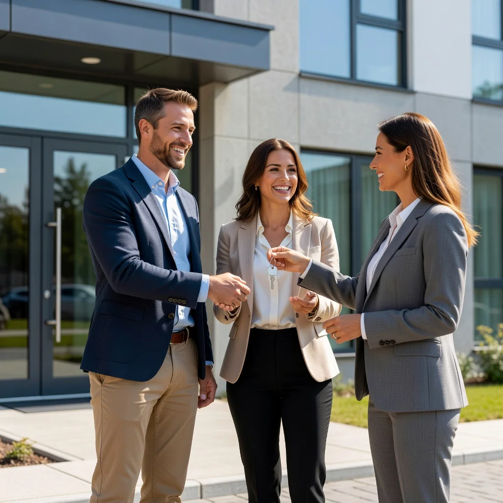A photorealistic image of a smiling adult couple standing in front of their newly purchased modern apartment building, holding keys, with a real estate agent nearby, symbolizing the handover and acceptance of a property in a real estate transaction.