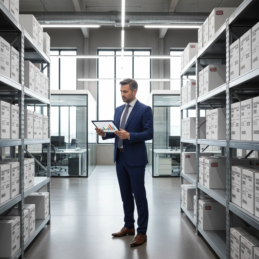 A photorealistic image of a professional businessperson in a modern UK office, meticulously organizing inventory on shelves with a tablet in hand, symbolizing accurate preparation of inventory reports for businesses.