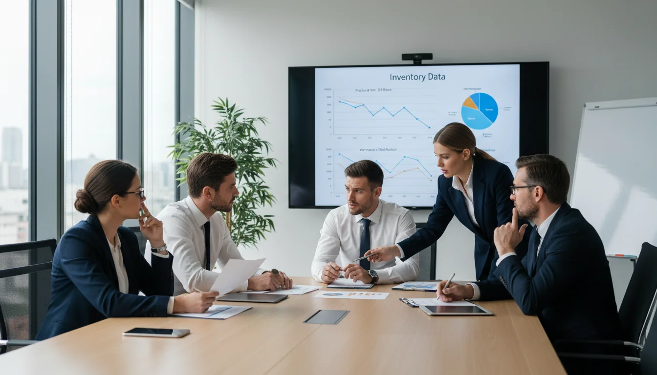Team discussing inventory data chart