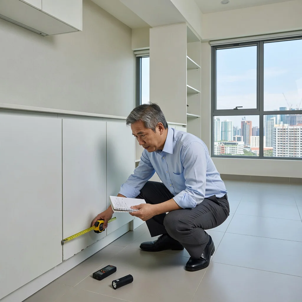 A photorealistic image depicting a professional real estate inspection of a modern Singaporean apartment interior, showing an adult inspector examining the condition of walls, floors, and fixtures, with natural light from large windows overlooking urban skyline, emphasizing the assessment process without any documents visible.